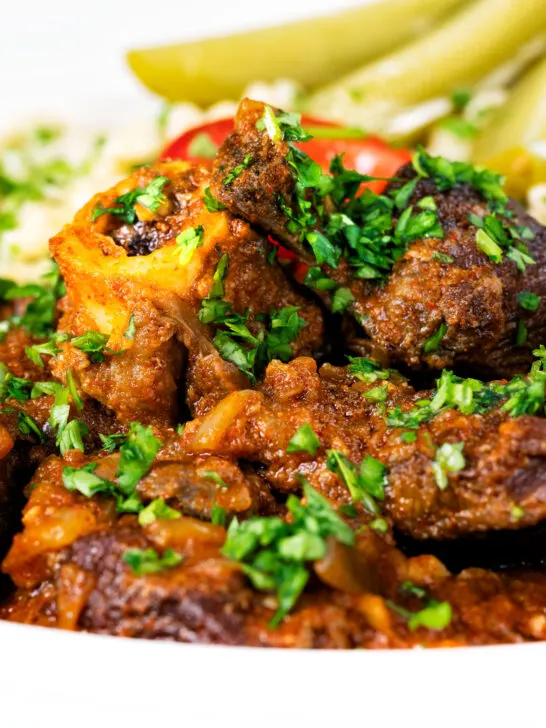 Close-up mutton stew or Hungarian birkapörkölt, served with nokedli.