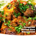 Close-up mutton stew or Hungarian birkapörkölt, served with nokedli featuring a title overlay.