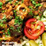 Close-up overhead mutton stew or birkapörkölt in Hungarian, served with nokedli featuring a title overlay.