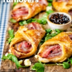 Cheddar cheese and streaky bacon turnovers with Branston pickle featuring a title overlay.