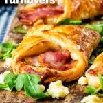 Cheese and bacon turnover puffs with Branston pickle featuring a title overlay.