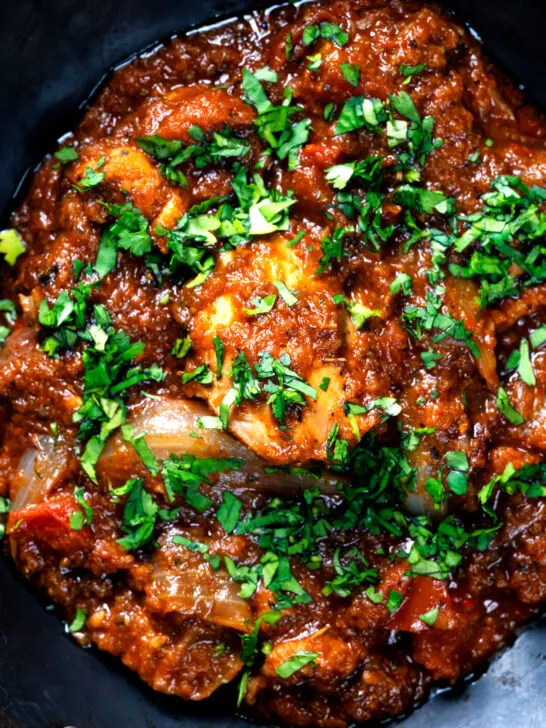 Overhead close-up Anglo Indian chicken dopiaza curry.