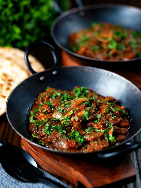 Anglo Indian chicken dopiaza curry served with chapatis.