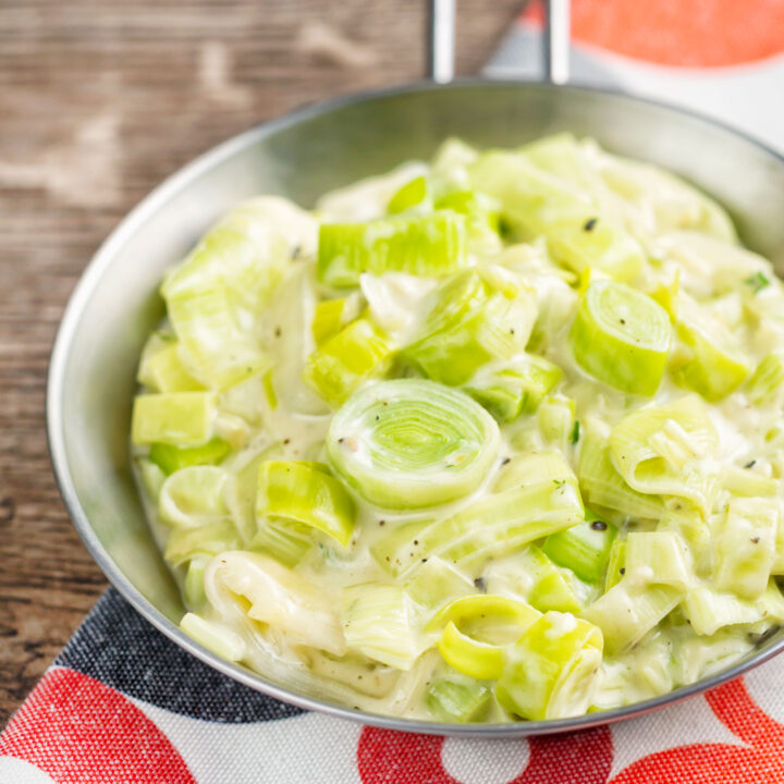 Quick and easy creamed leeks side dish.