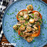 Overhead creamy garlic mushrooms on toast with portobello and button mushrooms and snipped chives featuring a title overlay.