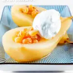 Dessert wine poached pears with golden raisins and Chantilly cream featuring a title overlay.