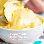 Thick and creamy golden mayonnaise in a bowl featuring a title overlay.