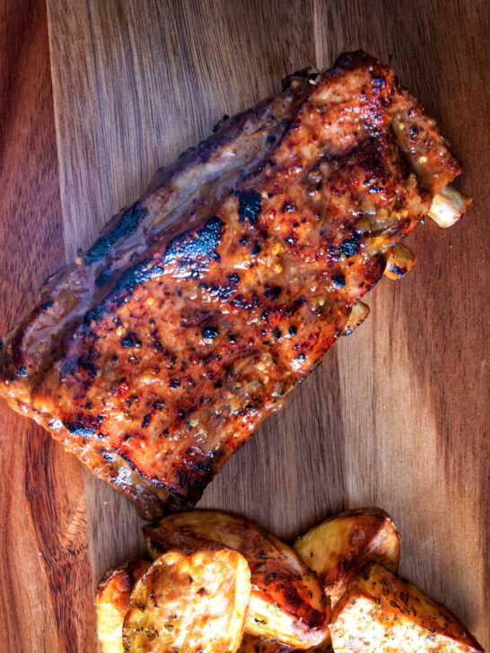 Overhead apple and honey glazed Instant Pot pork ribs.