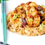 Kung po or pao king prawns with peanuts and egg fried rice.