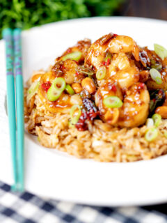 Kung po or pao king prawns with peanuts and egg fried rice.