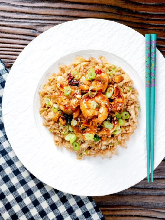 Overhead kung po king prawns with peanuts and egg fried rice.
