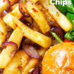 Overhead close-up Chinese takeaway style salt and pepper chips served with a burger featuring a title overlay.