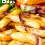 Close-up Chinese takeaway style salt and pepper chips served with a burger featuring a title overlay.