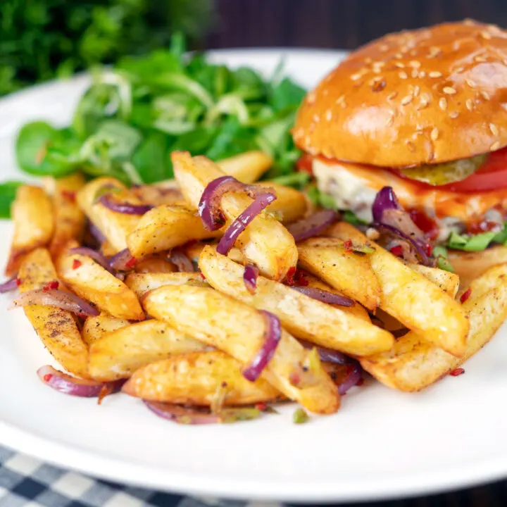 British takeaway style salt and pepper chips served with a cheese burger.