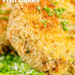 Close-up crispy golden salmon and sardine fish cakes served with creamed leeks featuring a title overlay.