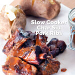 Slow cooker char siu pork ribs featuring a title overlay.