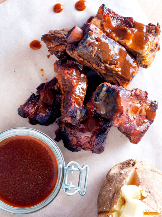 Overhead slow cooker char siu pork ribs.