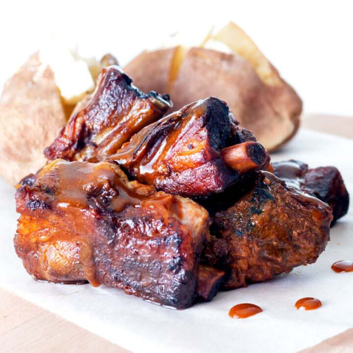 Close-up slow cooker char siu pork ribs.