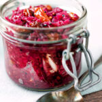 Sticky red cabbage chutney in a storage jar.
