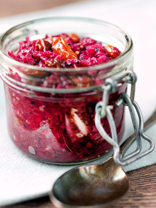 Sticky red cabbage chutney in a storage jar.