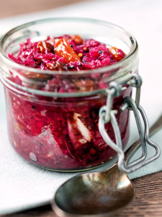 Sticky red cabbage chutney in a storage jar.