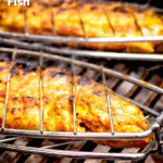 Tandoori trout being cooked on a bbq featuring a title overlay.