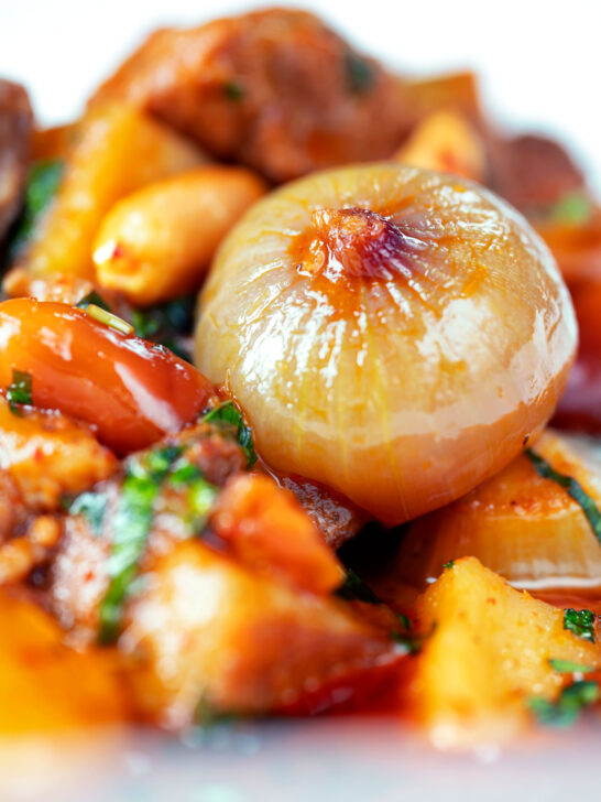 Close-up shallot in a Thai lamb massaman curry.