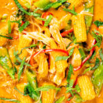 Close-up overhead Thai chicken noodle soup with sugar snap peas and baby corn.