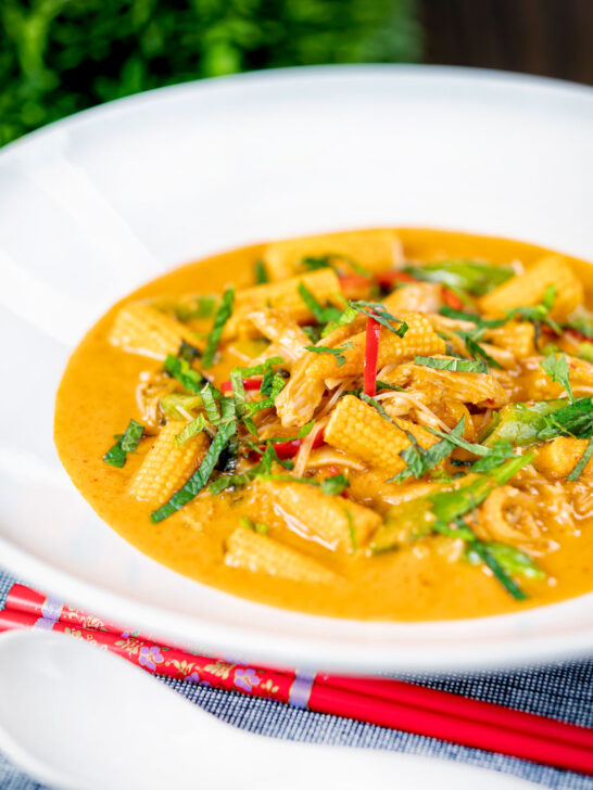 Thai chicken noodle soup with sugar snap peas and baby corn.