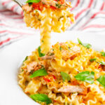Tomato and salmon fillet pasta with basil and crispy bread crumbs on a fork.