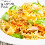 Tomato and salmon fillet pasta with Basil and crispy bread crumbs featuring a title overlay.