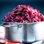 Braised red cabbage with red wine and brown sugar.
