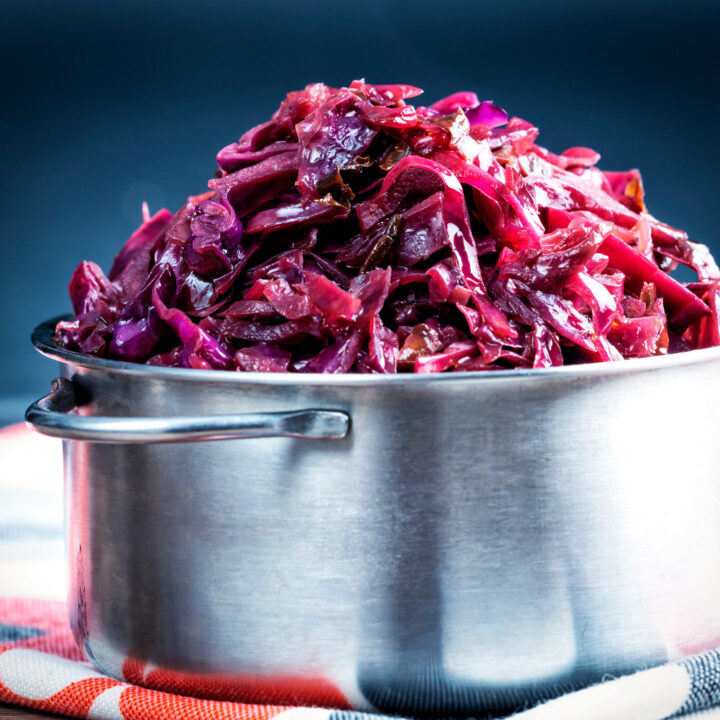 Braised red cabbage with red wine and brown sugar.