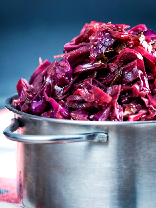 Close-up braised red cabbage with red wine and brown sugar.