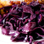 Close-up slow cooked braised red cabbage featuring a title overlay.