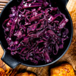 Overhead braised red cabbage with red wine and brown sugar.
