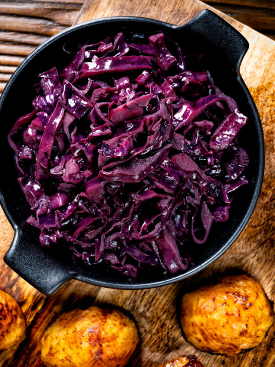 Overhead braised red cabbage with red wine and brown sugar.