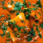 Close-up overhead chicken chasni curry with fresh coriander.