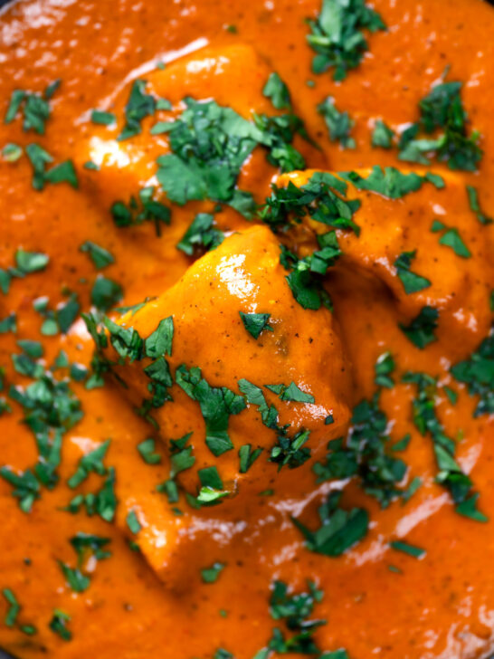 Close-up overhead chicken chasni curry with fresh coriander.
