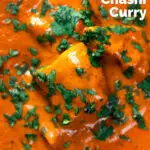 Close-up overhead chicken chasni curry with fresh coriander featuring a title overlay.
