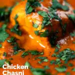 Close-up chicken chasni curry with fresh coriander featuring a title overlay.