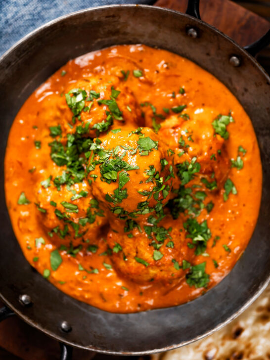 Overhead close-up Indian chicken kofta or meatball curry.