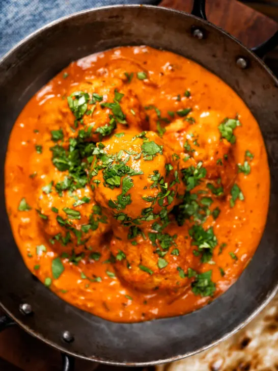 Overhead close-up Indian chicken kofta or meatball curry.