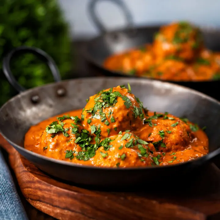 Indian inspired chicken kofta or meatball curry in a rich masala sauce.