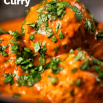 Close-up Indian inspired chicken kofta or meatball curry featuring a title overlay.