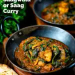 Indian inspired chicken saag or saagwala curry served with naan bread featuring a title overlay.