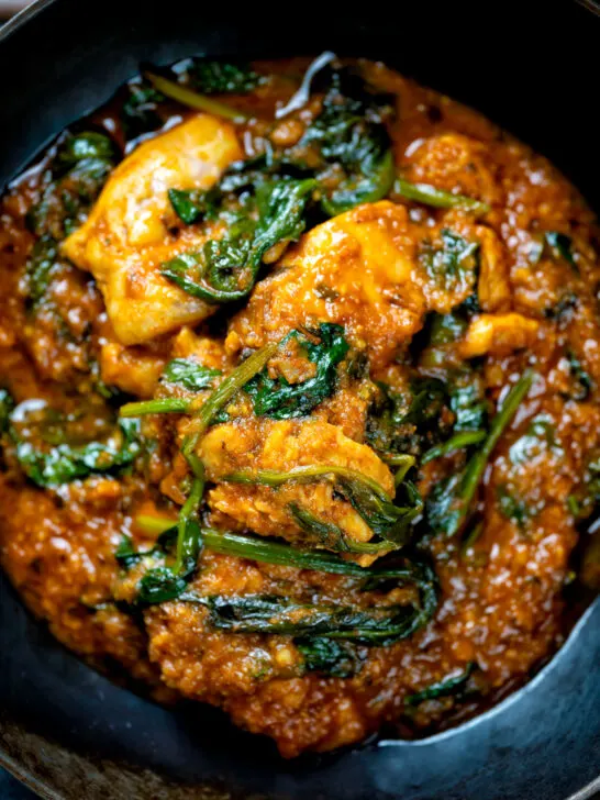 Close-up overhead Indian inspired chicken saag or saagwala curry.