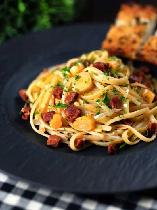 Spanish chorizo sausage and shredded leek pasta.