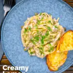 Overhead creamy lemon chicken pasta served with cheesy garlic bread featuring a title overlay.