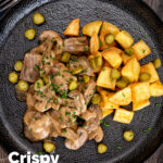 Crispy fried potatoes served as a side for beef and mushroom stroganoff featuring a title overlay.